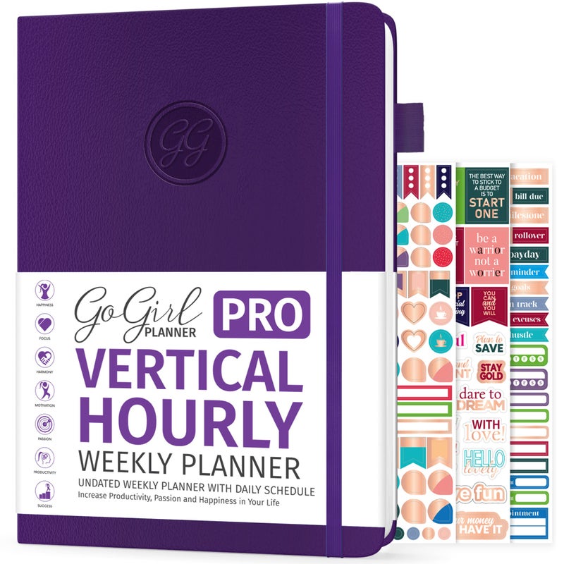 GoGirl Planner PRO Schedule - Undated Planner with Hourly Time Slots, Monthly, Weekly & Daily Organizer, Appointment Book for time Management, 7"x10" Hardcover, Lasts 1 Year - Purple - Image 1